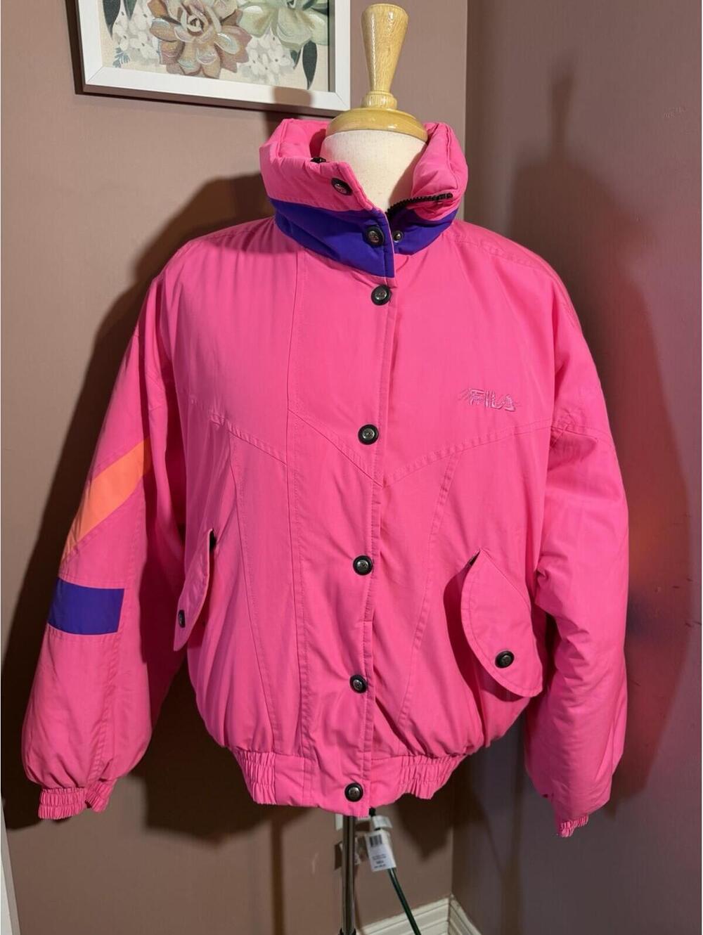 Vintage 80s Fila Magic Line Ski Jacket Womens XL Hot Pink Color Block Neon